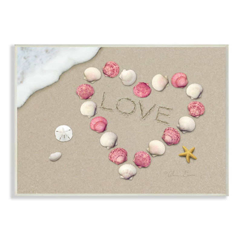 «Love Écrit dans le sable avec étoile de mer, dollar de sable et cœur de coquillage», impression, Plaque en bois
