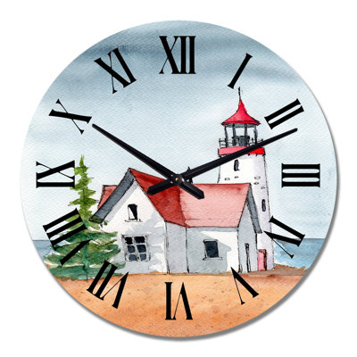 A Lighthouse with A Cabin on The Hill and Sea - Country Wall Clock