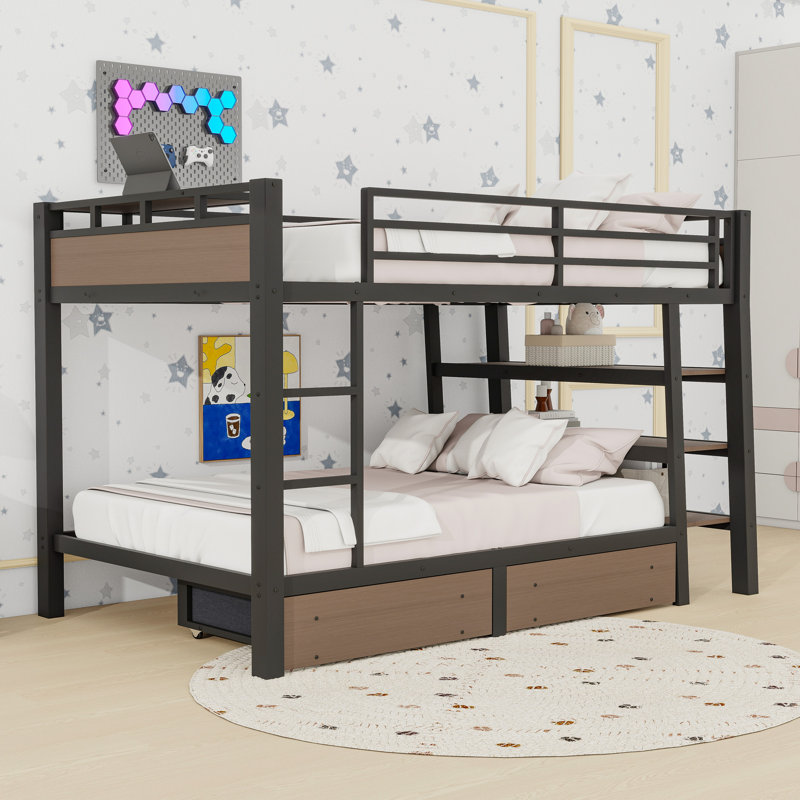 Metal Bunk Bed with Built-in Outlet and Extensive Storage, Full Over Full