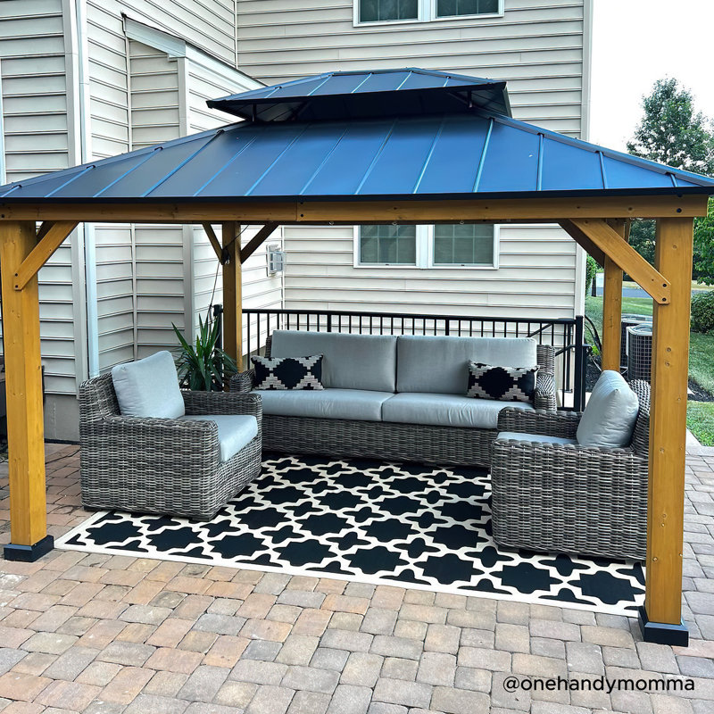 Sunjoy 11 x 13 ft. Outdoor Patio Cedar Framed Gazebo with Black Double Steel Hardtop Roof for Garden, Backyard Shade