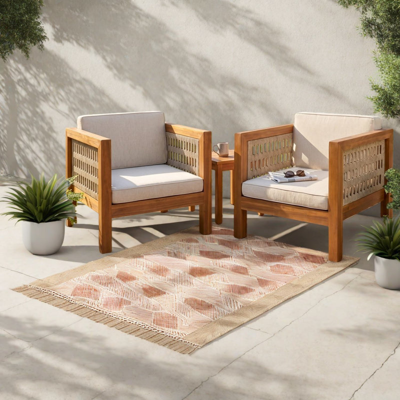 Ensemble de 2 chaises longues de patio moderne, bois d'acacia, corde beige pour patio