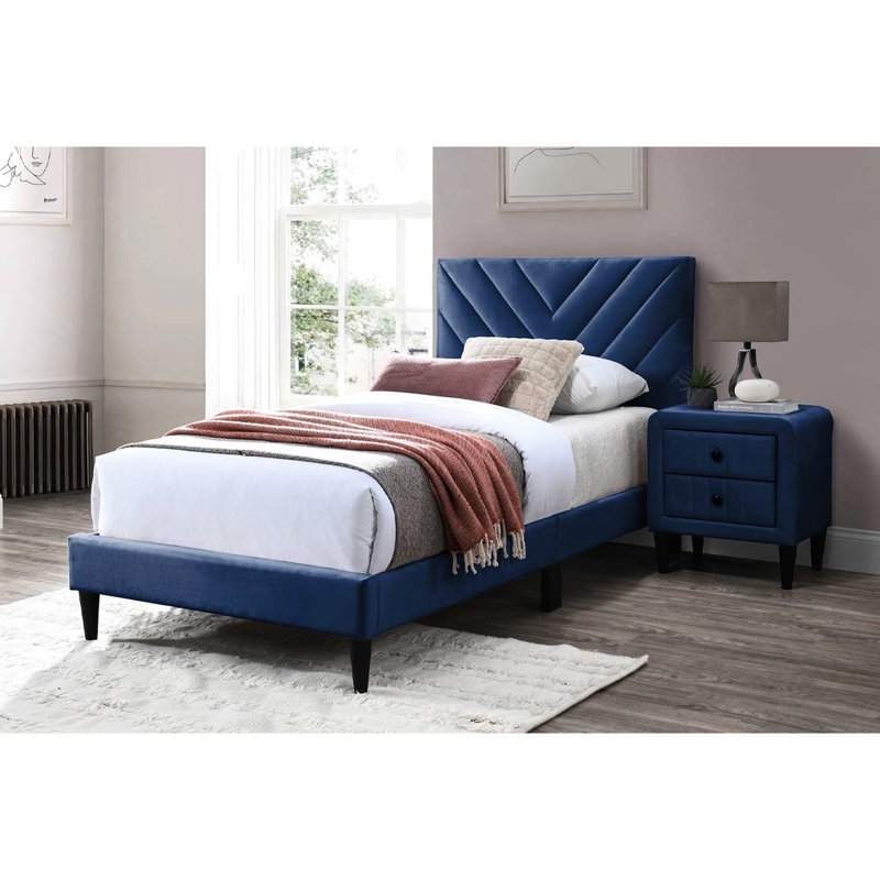 Lit simple contemporain en velours bleu marine, tête de lit ajustable, pieds de soutien centraux pour structure stable, revêtement en velours