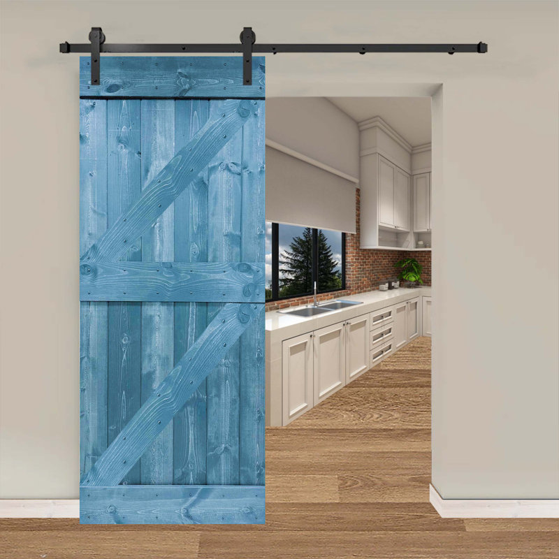 Porte de grange coulissante en bois de pin avec trousse de quincaillerie d'installation, Bleu marine, 36 po x 84 po
