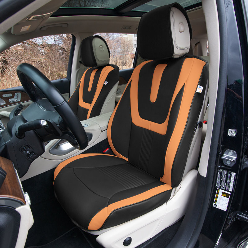 Hybrid70 Deluxe Faux Leather Car Seat Covers with Modern Pattern Front Set, Brown