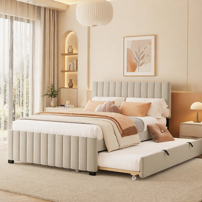 Lit plateforme double en velours avec lit gigogne