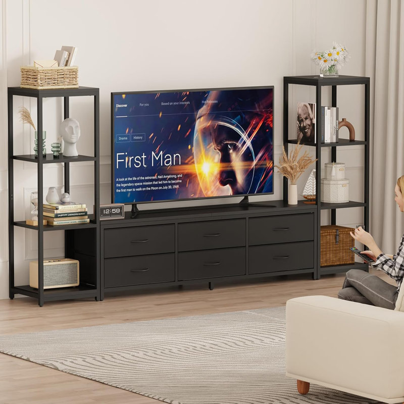 Meuble télé avec commode pour téléviseur de 75 pouces, grand centre de divertissement avec tiroirs en tissu et tablettes de rangement à 4 niveaux