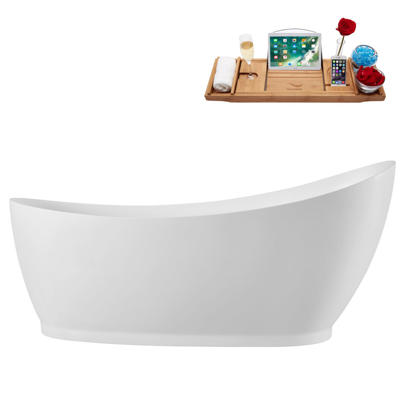 68" Streamline Soaking Glossy White Acrylic Freestanding Bathtub, Bamboo Tray, Drain, Polished Chrome