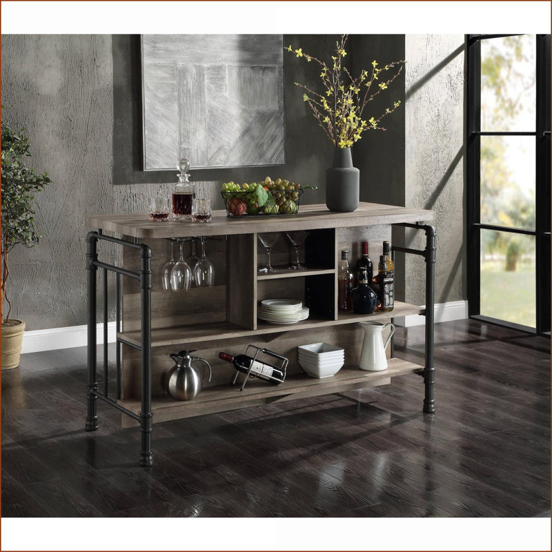 Table à hauteur de comptoir, brun noyer & amp; Gris clair avec 2 tablettes 2 compartiments | Métal | Bois synthétique