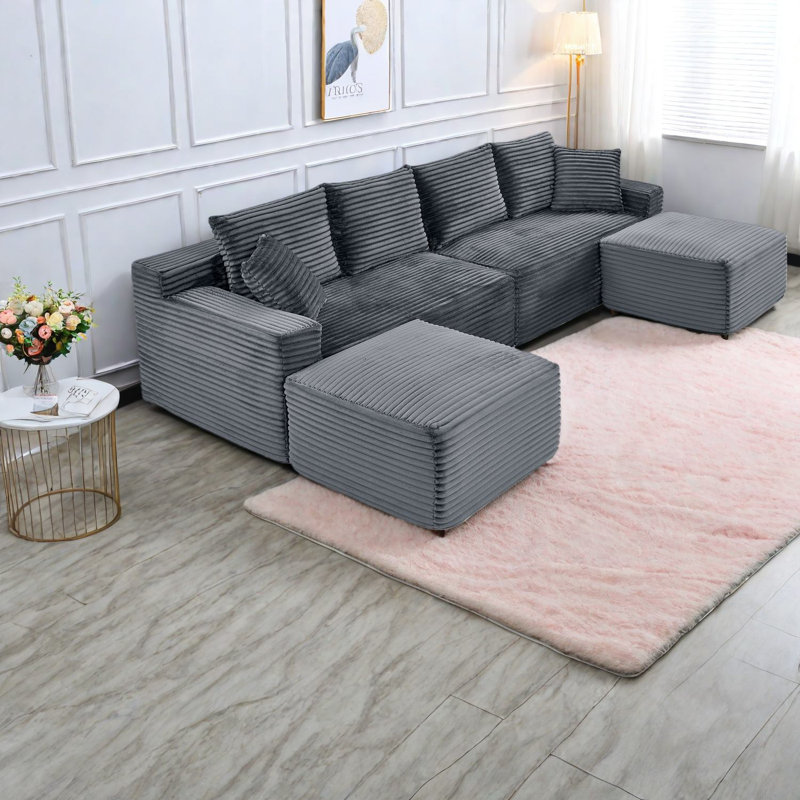 Modulaires spacieux en forme de U, velours côtelé moelleux, style moderne, idéal pour les salons