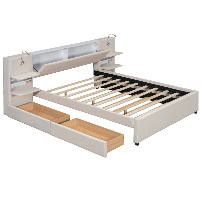 Lit plateforme tapissier avec tiroirs et tablettes de lecture, Beige