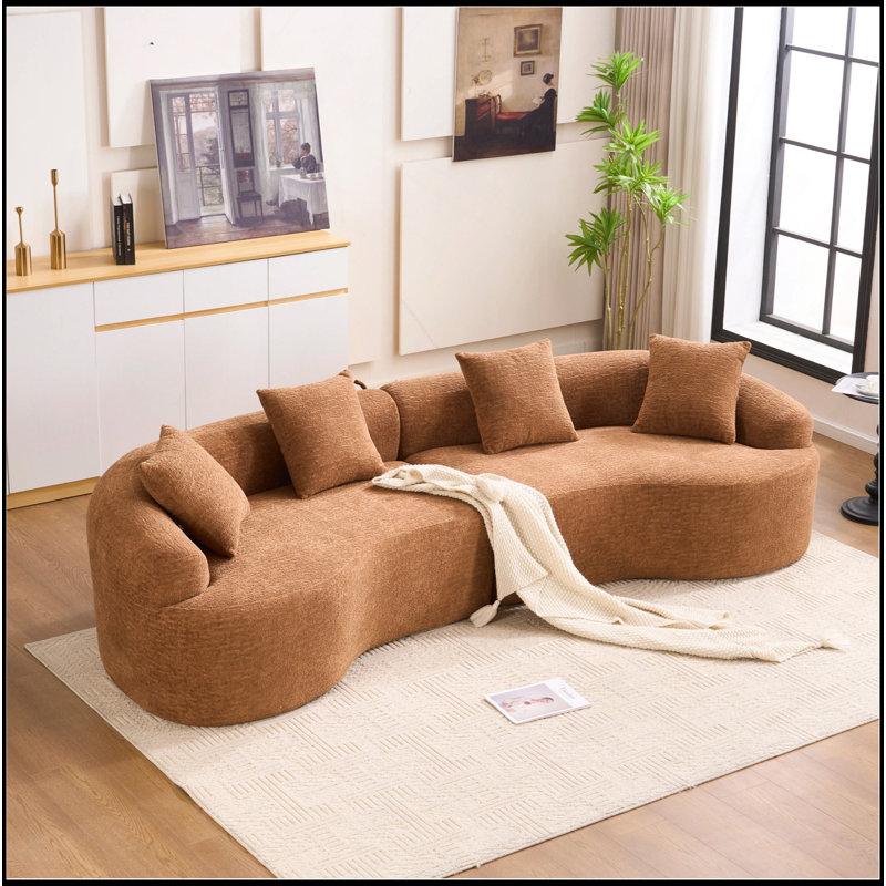Canapé modulaire incurvé en polyuréthane caramel à compression complète, canapé modulaire en chenille 30D pour appartement et salon, L 110 po, 800 lb, 60 fermeté avec 4 coussins
