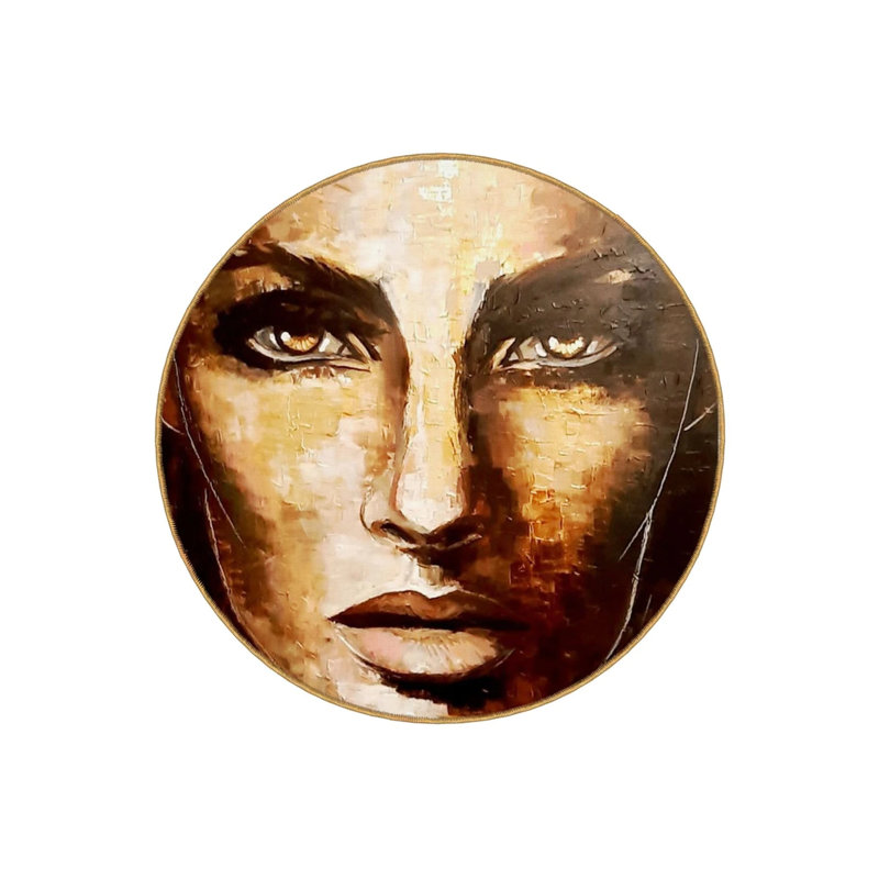 Brown Beige Woven Carpet With A Woman's Face Pattern, Round 5'