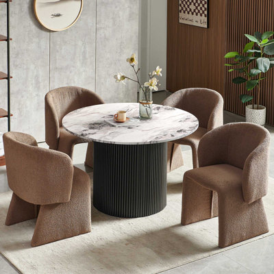 5-Piece Dining Table Set, Wood Top, Faux Fur Armchairs