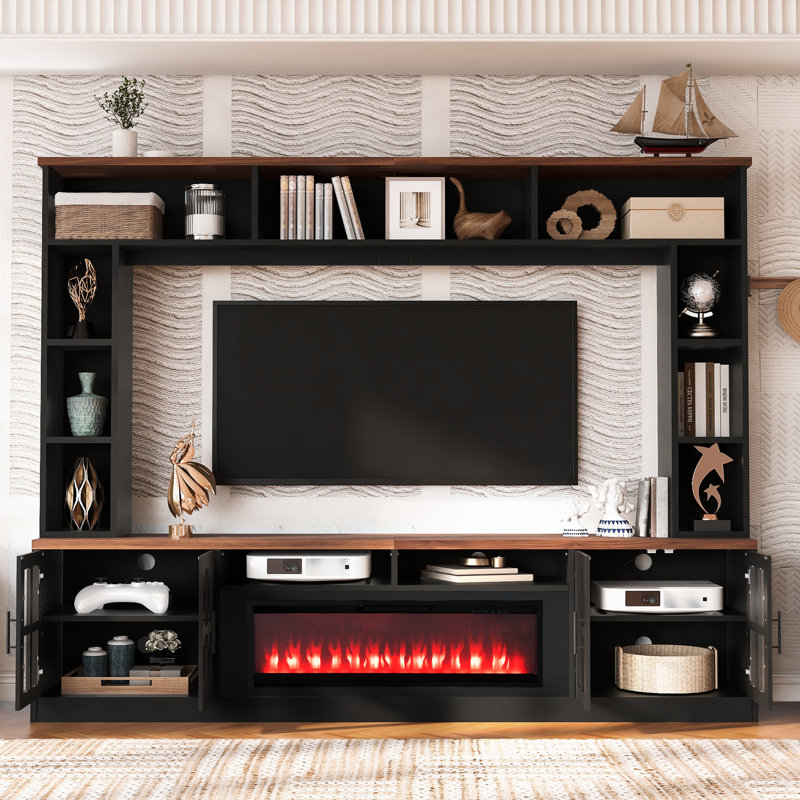 Meuble télé avec foyer Emberline 95,5 po pour téléviseurs jusqu'à 80 po, console centrale multimédia, Black