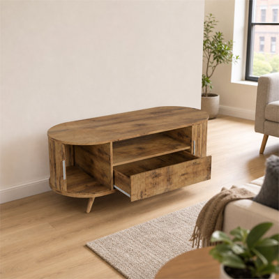 DFW 45.27 Inch Oval Coffee Table with Storage, Mid Century Modern Coffee Table with Drawer, Center Table with Sliding Door and Wood Fluted Handle for Living Room, Nature Oak