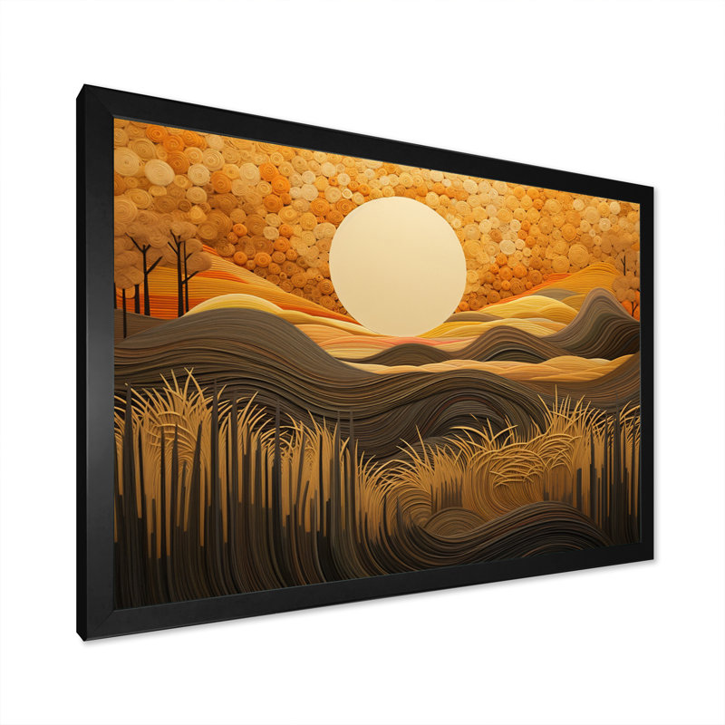 " Landscape Tranquility Full Moon Golden Fields ", Black Single Picture Framed, 12" H x 20" W x 1" D