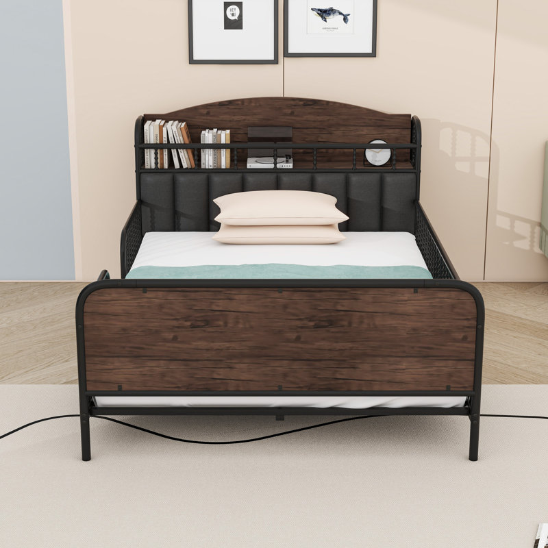 Platform Bed With Multicolor LED Strip, Safety Guardrails, And Storage Shelf, Black, Full