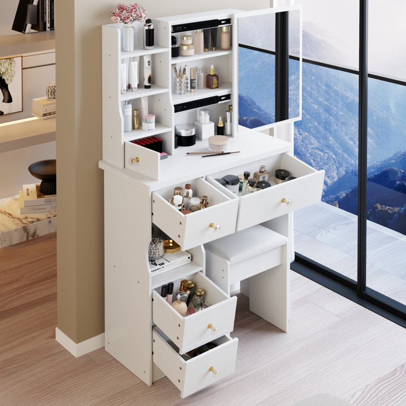 Coiffeuse de style américain 29,2 po avec tiroir gauche, miroir coulissant droit, rangement grande capacité et tabouret rembourré, idéale pour les petits espaces de salle de bain 50,4 po