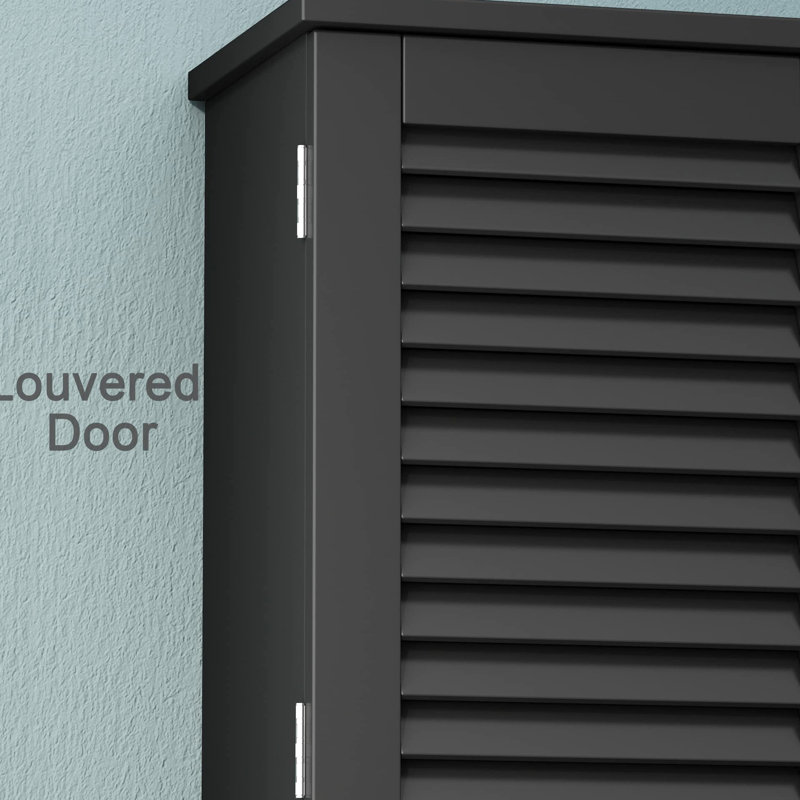 Armoire de salle de bain murale noire avec portes à persiennes, tablette ouverte pour trouver facilement des bouteilles de shampooing, tablettes réglables pour différents articles triés et barre à serviettes, fabriquée avec des tablettes,