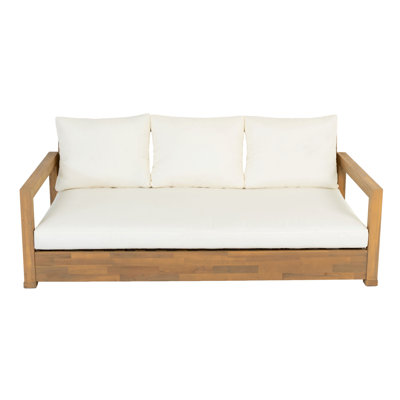 TOPMAX Patio Acacia Wood 3-seater Sofa Outdoor Low Seating Daybed for Poolside,Backyard,Deck, Front Porch,Indoor Use, Light Teak+Beige Cushion