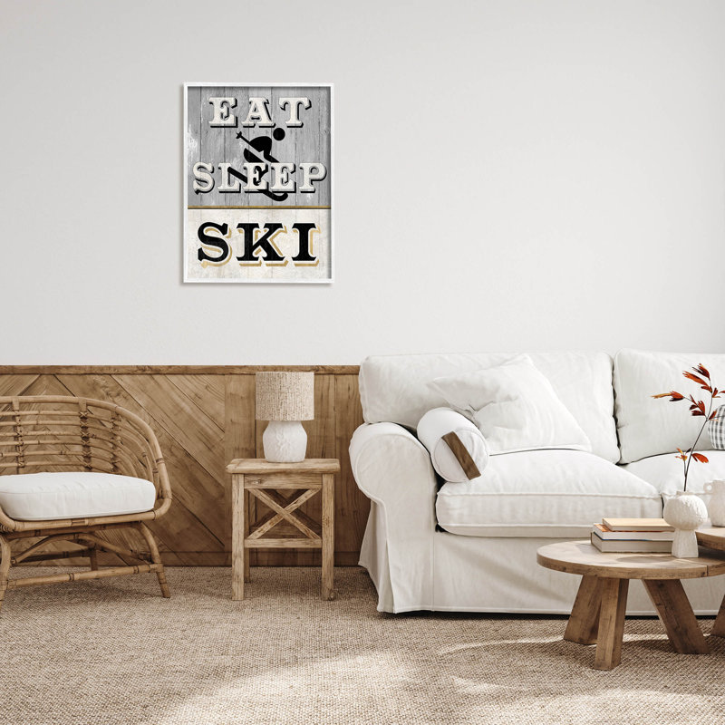 «Eat Sleep Ski», impression giclée sur bois par Livi Finn, H 30 po x l 24 po x P 1,5 po, Giclée encadrée blanc bord de mer