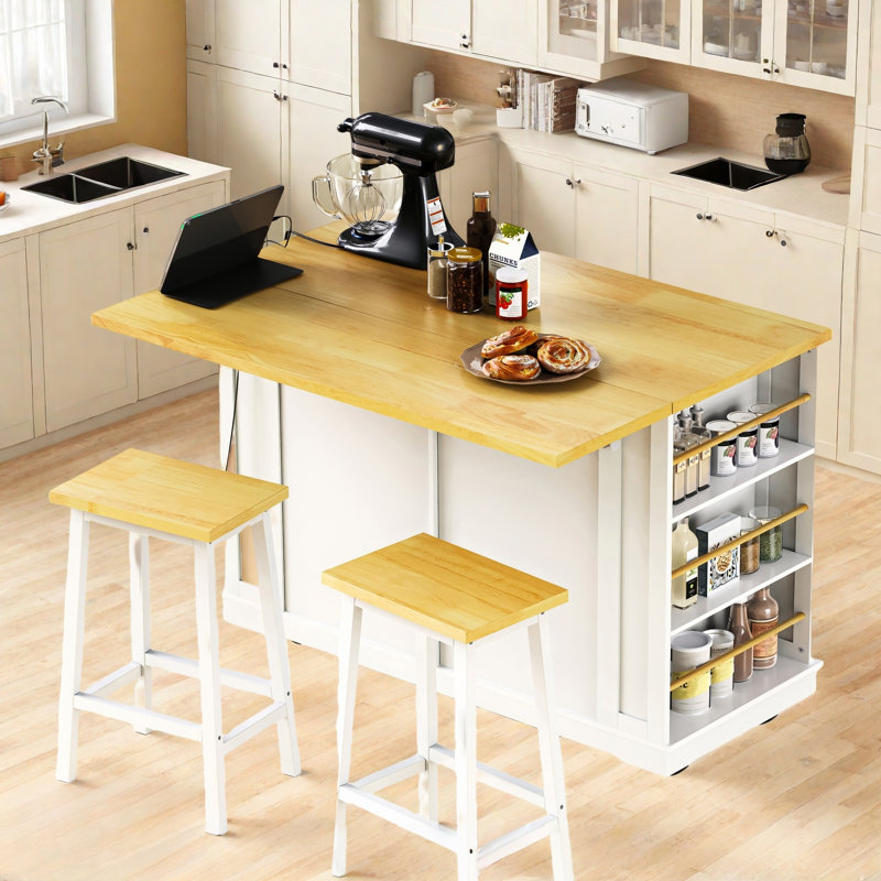 Grand îlot de cuisine roulant avec abattant, prise de courant, supports de rangement internes, 5 supports latéraux ouverts, 2 tiroirs, une tablette réglable