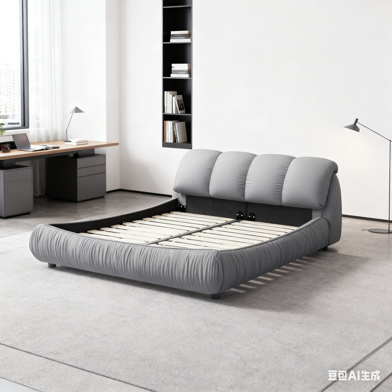 Grand lit plateforme tapissier de luxe avec dossier surdimensionné et structure en bois massif, convenant à plusieurs hauteurs de matelas