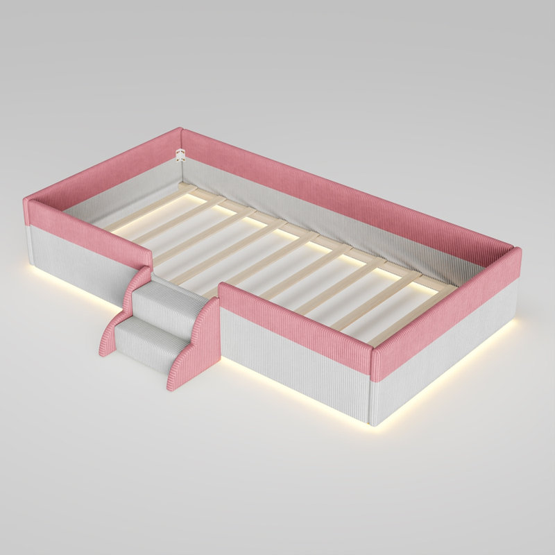 Lit simple tapissier avec clôture, 2 marches et lumières DEL intelligentes, rose et blanc, Lit simple, Rose et blanc