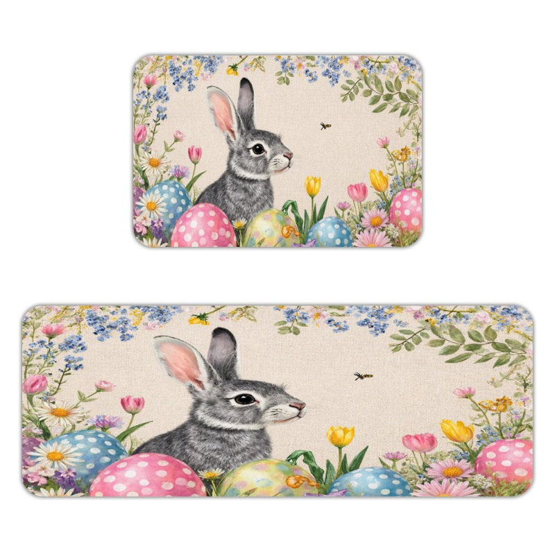 Ensemble de 2 lapins gris avec œufs de Pâques et tapis de cuisine