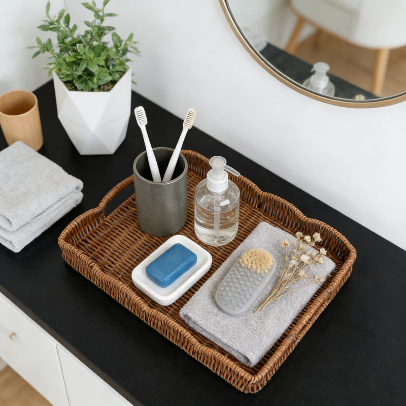 Plateau de service rectangulaire tissé avec bords et poignées festonnés, plateau décoratif en rotin synthétique pour table basse, coiffeuse et rangement