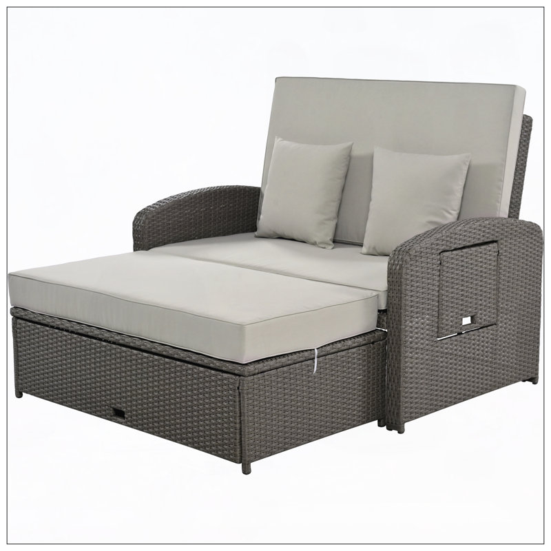 Rober Wicker Rattan Double Chaise Lounge, 2-Person Reclining Daybed with Adjustable Back and Cushions, Free Furniture Protection Cover