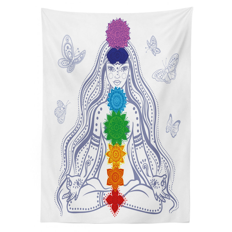 Ambesonne Chakra Tablecloth, Girl In Lotus With Colorful Chakra Stones Yoga Meditation Relax Theme Oriental, Rectangular Table Cover For Dining Room Kitchen Decor, 52" X 70", Multicolor
