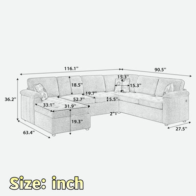 Canapé modulaire moderne en forme de U avec repose-pieds de rangement caché, deux ports de chargement USB et coussins décoratifs imprimés