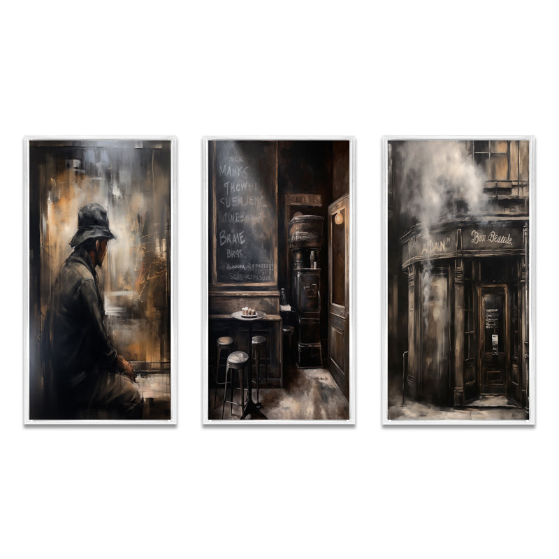 «Vintage Paris Nostalgia Atmosphere Peinture», 3 pièces sur toile, Cadre flottant blanc, H 28 po x l 36 po
