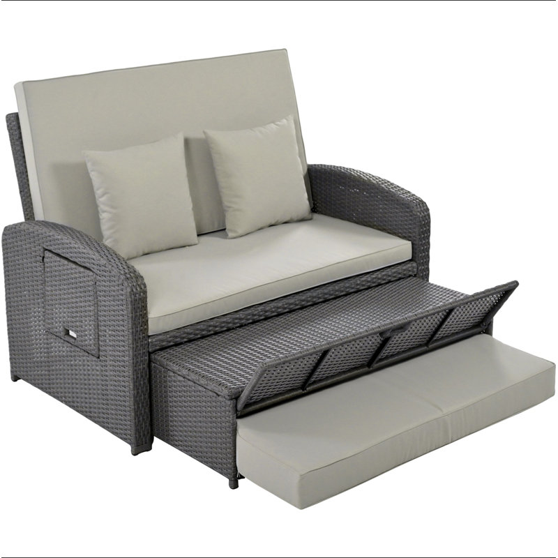 Wicker Rattan Double Chaise Lounge, 2-Person Reclining Daybed With Adjustable Back And Cushions, Free Furniture Protection Cover