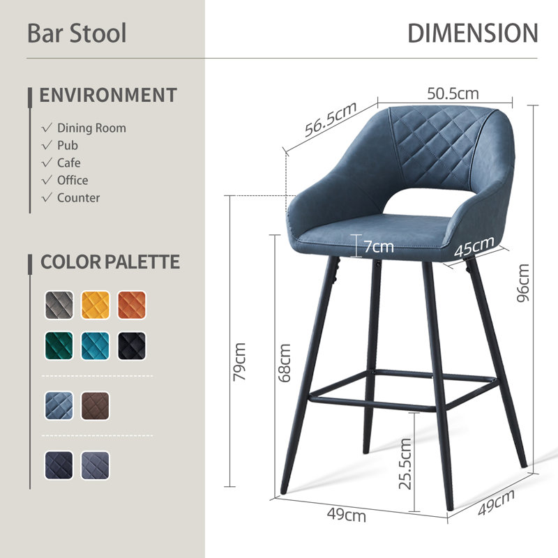 Upholstered Counter Stool with Metal Frame, Blue Gray