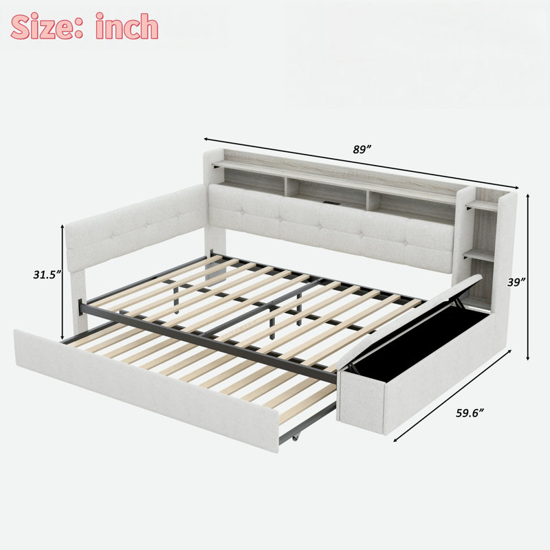 Upholstery Daybed With Storage Footstool, Shelves, Trundle, Usb Charging And Led Light, Full/Double, Beige
