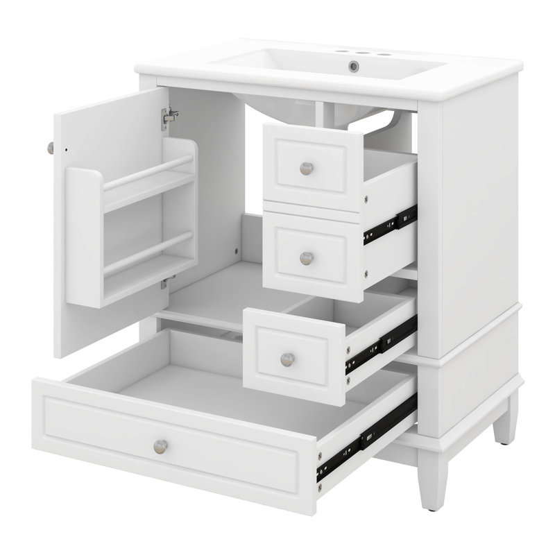 Meuble-lavabo de 30 po avec lavabo simple, armoire de salle de bain moderne avec une porte et une tablette à fermeture douce et trois tiroirs