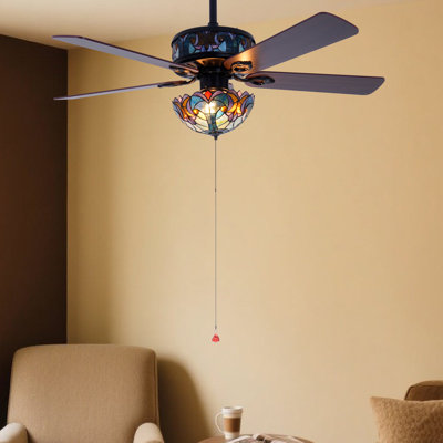 46 Inch Vintage Ceiling Fan With Remote, 5 Solid Wood Blades, Tiffany Glass Light, Reversible Motor For Bedroom Or Dining Room
