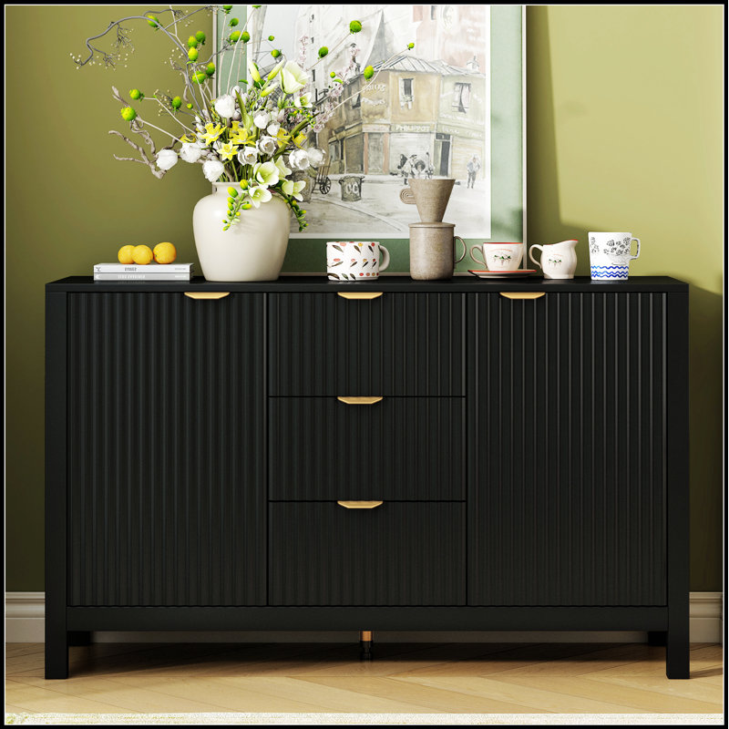Buffet à motif ondulé - 3 tablettes réglables, 3 tiroirs, portes à fermeture en douceur et poignées en métal pour un rangement moderne