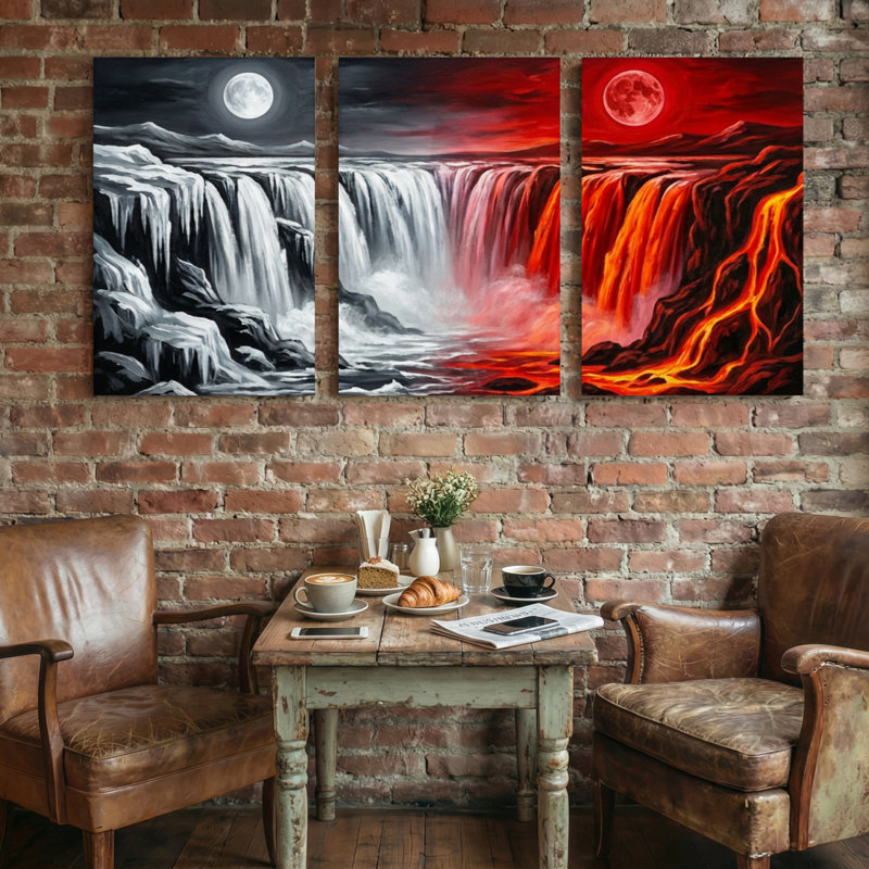 Landscape & Nature Moonlit Waterfall Red Lava Flow Reflection, 24" H x 48" W
