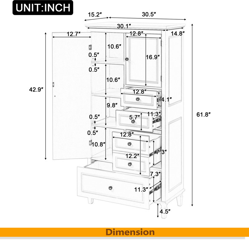 Armoire de rangement haute et large avec portes pour salle de bain / bureau / salon / intérieur, quatre tiroirs de différentes tailles, tablettes réglables, blanc