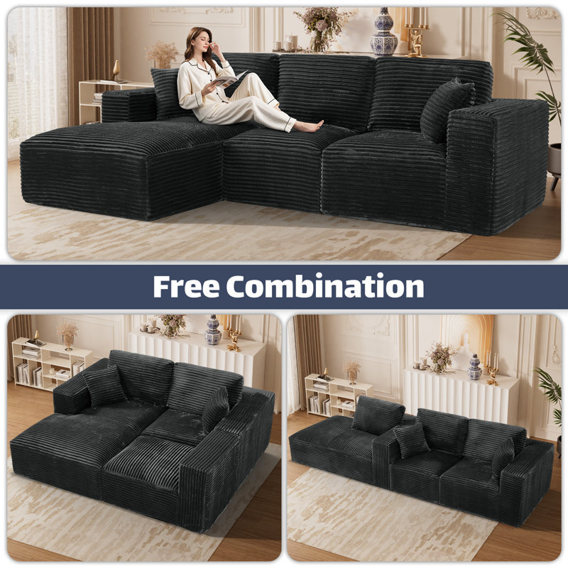 Upholstered Compression Sectional Sofa Couch With Chaise, Black Corduroy, Left Hand Facing