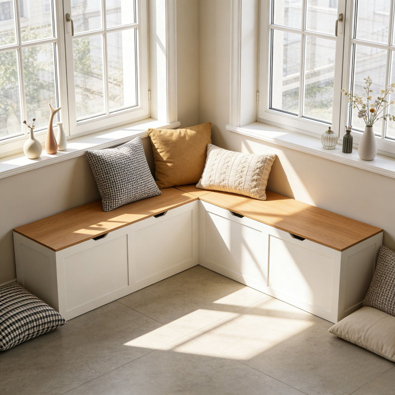 L-Shaped Corner Storage Bench for Space Saving, Entryway or Nook Bench, White/Natural, Natural/White