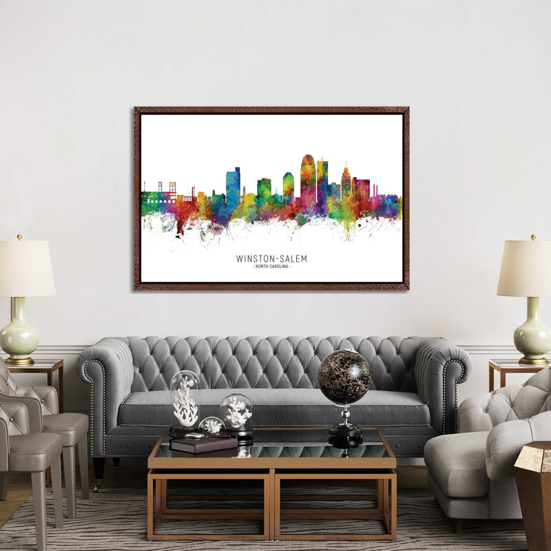 Winston Salem Skyline City Name by Michael Tompsett - Print on Canvas, Classic Brown Wood Floater Framed