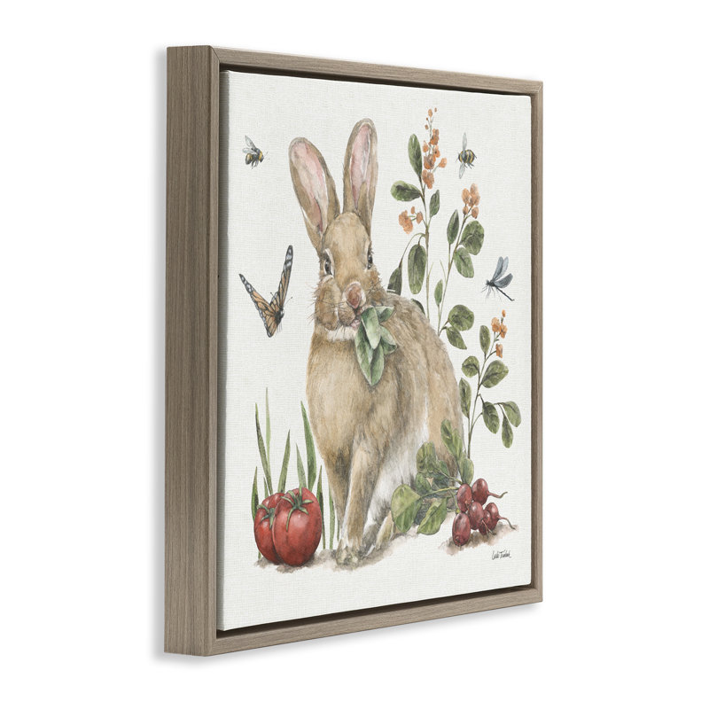 «Rabbit & Butterfly Garden», art mural sur toile flottante noire par Leslie Trimbach, Cadre flottant orme Montalcino