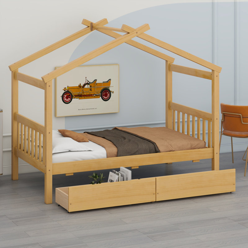 Wooden House Bed with Drawers, Natural