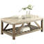 Table basse industrielle en bois avec plateau en marbre et tablette de rangement inférieure