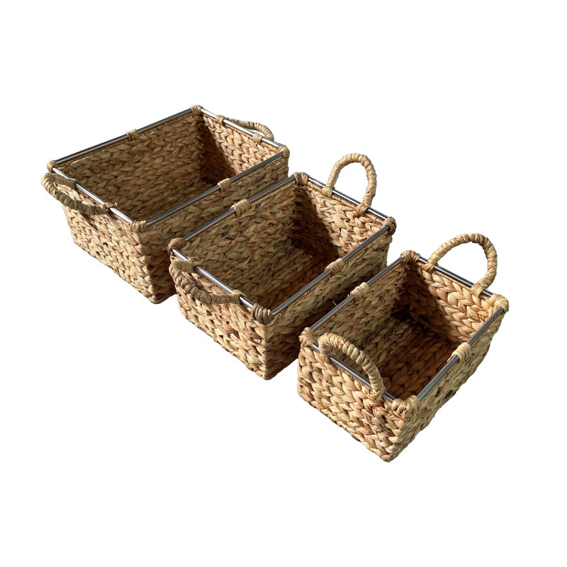 Light Brown Seagrass Handmade Decorative and Functional Storage Basket with Handles, Set of 3