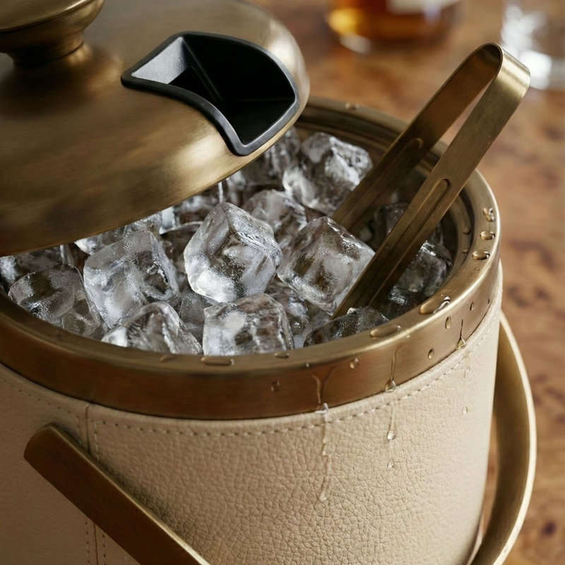 Beige Leather Ice Bucket With Brass
